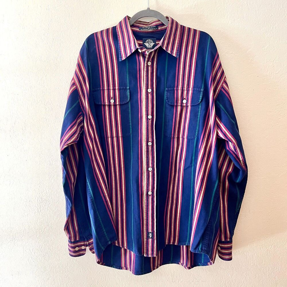 Vintage 90s Dockers 100% Cotton Baggy Loose Fit Stripe Button Up Shirt Size L